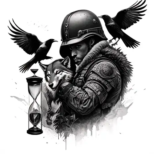 create a voll sleeve with a modern soldier wearing a helmet, a hourglas with two crows, a agressive wolf an ammonition  tattoo design idea