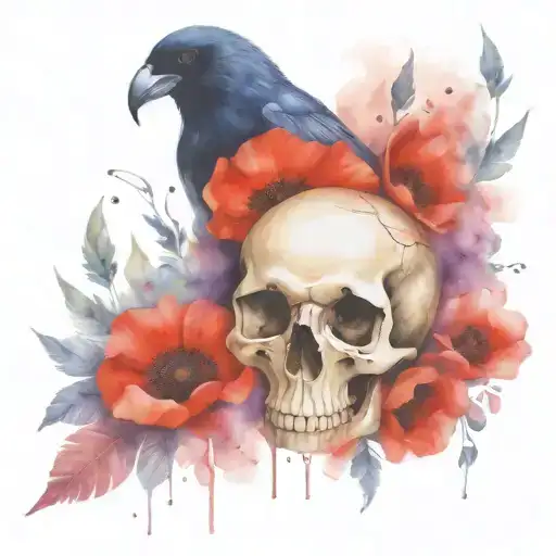 skull raven poppies blooming tattoo design idea