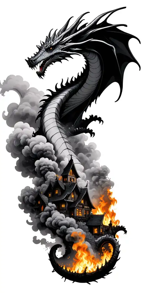 A dragon rising out of the smoke from a silhouetted village on fire, flying towards the sky  tattoo design idea