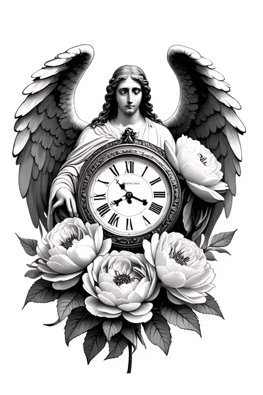 angel Gabriel, a clock, and peonies in full bloom tattoo design idea