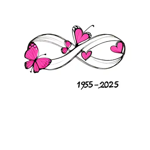 "1953-2025" infinity symbol with 3 butterlies 5 hearts  tattoo design idea