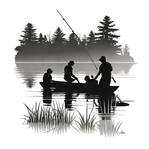 A silhouette of a family fishing together on a serene lake, with the focus on the bond between them tattoo design idea