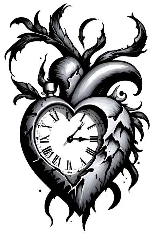 broken heart with clock face tattoo design idea