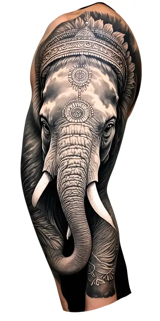 full sleeve black and grey realism with indian elephant as main image on bicep tattoo design idea