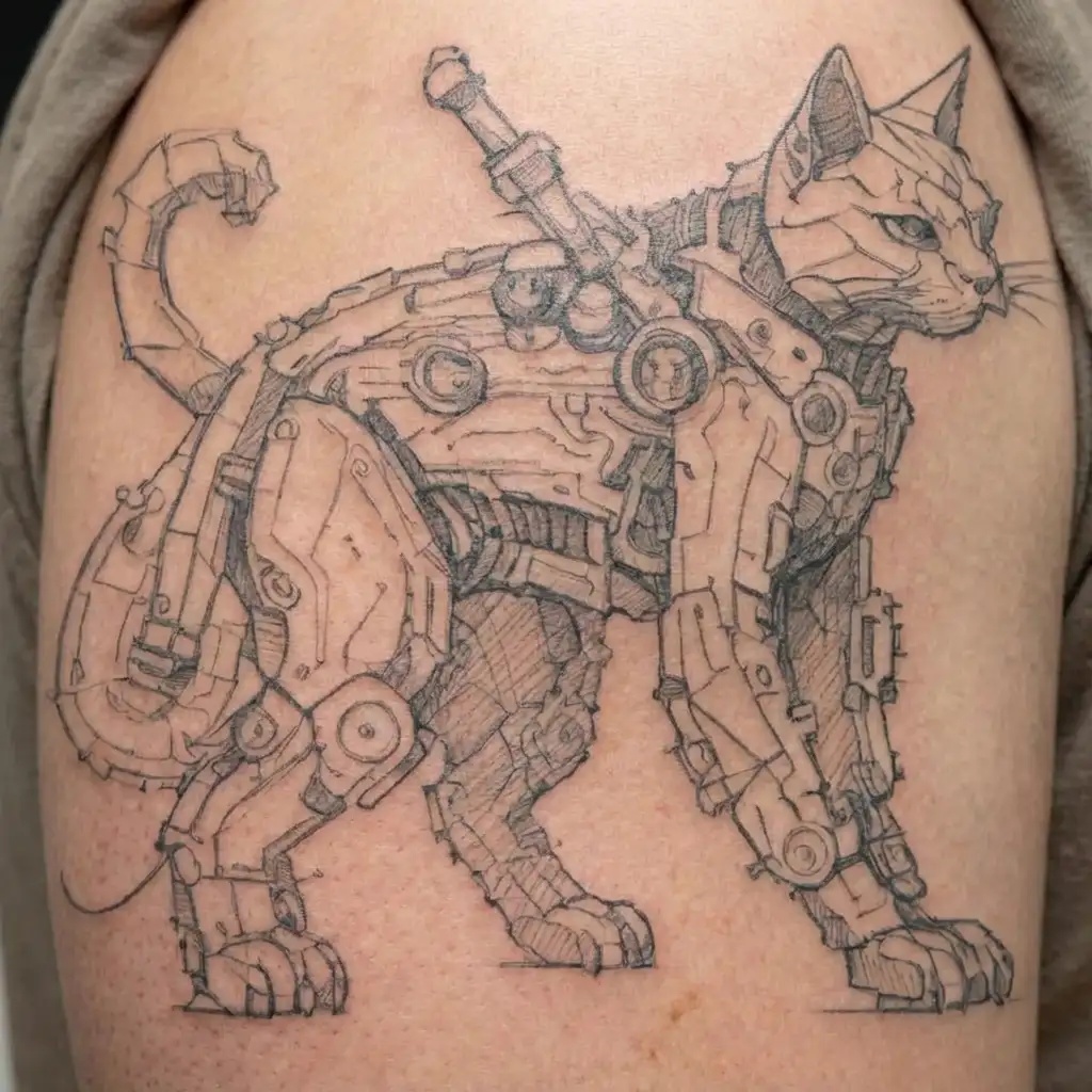 mechanical cat warrior tattoo design idea