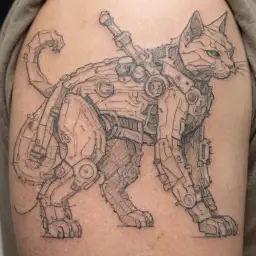 mechanical cat warrior tattoo design idea