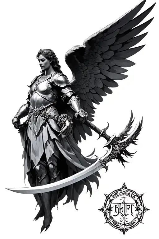 archangel raphael with sythe in armor tattoo design idea