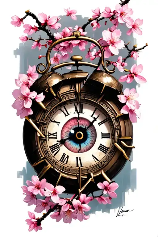 broken clock surrounded by cherry blossom with an eye in the center tattoo design idea