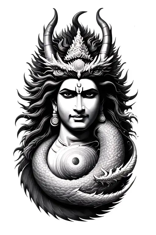 Spiral Dragon on forearm with universe design on dragons body and face of God Shiva tattoo design idea