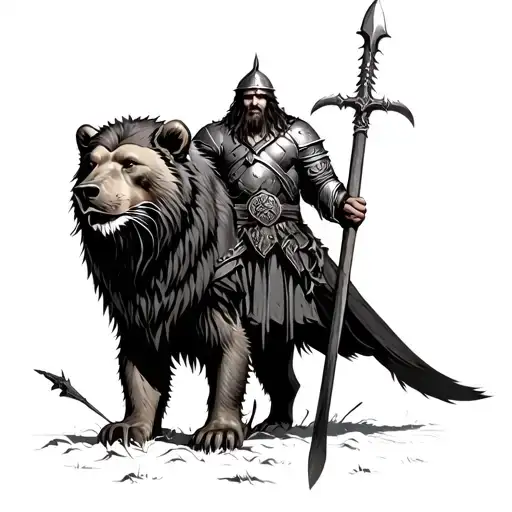 a viking warrior standing over a dead lion and spearing a bear tattoo design idea
