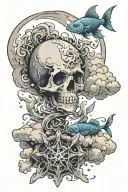 clouds, celestial, fishbones arcane tattoo design idea