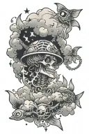 clouds, celestial, fishbones arcane tattoo design idea