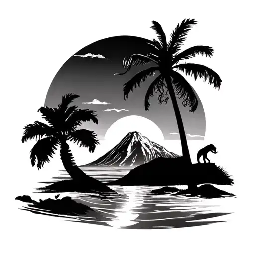 Kilimandjaro, Palm tree, beach, sunset scene and lion and the word pole pole and tanzanite  tattoo design idea