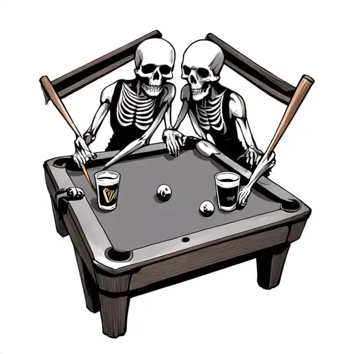 two skeletons playing pool drinking Guinness tattoo design idea