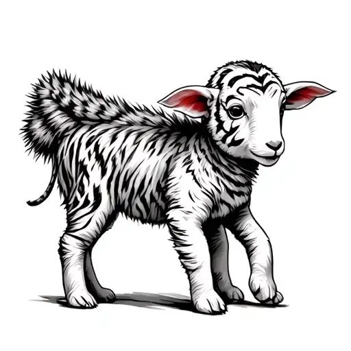 a baby lamb carrying a tigers pelt on its back like it's a coat or a cape tattoo design idea