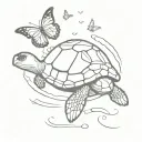 turtle peeking out of water to kiss a butterfly  tattoo design idea