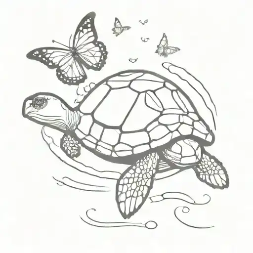 turtle peeking out of water to kiss a butterfly  tattoo design idea