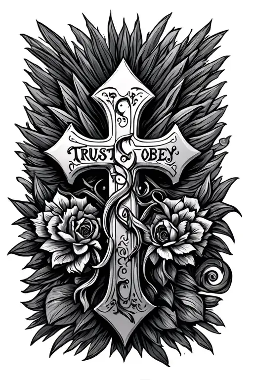 cross with trust and obey tattoo design idea