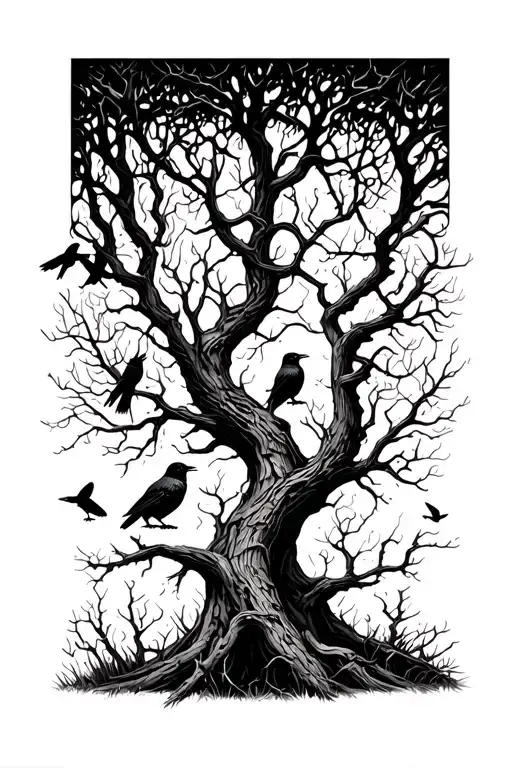 Silhouetted Forest: Twisted, leafless trees stretching upward, with ravens perched on branches and a few in flight. tattoo design idea