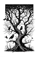Silhouetted Forest: Twisted, leafless trees stretching upward, with ravens perched on branches and a few in flight. tattoo design idea