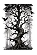 Silhouetted Forest: Twisted, leafless trees stretching upward, with ravens perched on branches and a few in flight. tattoo design idea