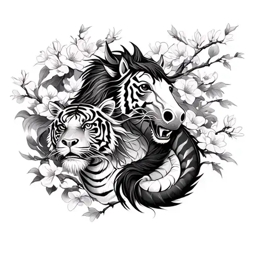 zodiac tiger, dragon, horse and monkey with cherry blossom background tattoo design idea