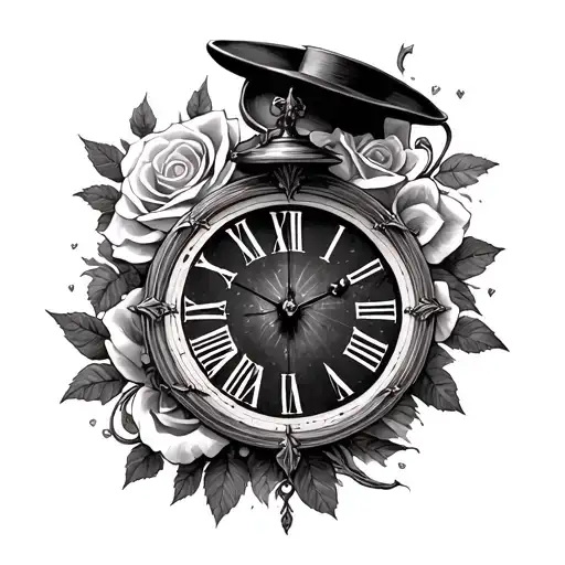Alice madness returns in a clock with a rose and hat in your heat  tattoo design idea