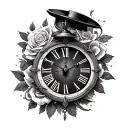 Alice madness returns in a clock with a rose and hat in your heat  tattoo design idea