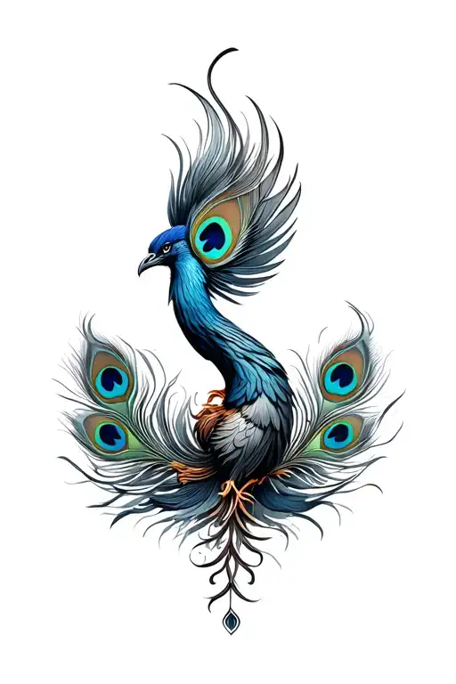 frontal view of a majestic rising from the ashes phoenix with lpeacock feathers  tattoo design idea
