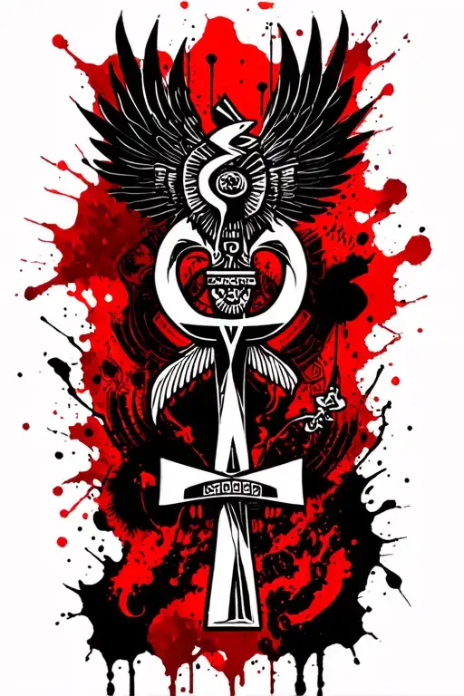 Egyptian symbolism: Ankh, phoenix from the ashes, Tibetan "survival artist" Polka Trash style, black, red tattoo design idea