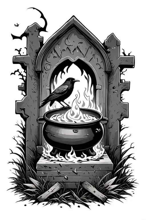 spooky graveyard with tomb stones centered around a bubbling cauldron flames under cauldron crow on headstone crooked  tattoo design idea