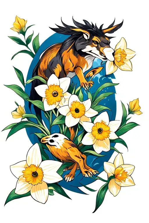 a full sleeve tattoo, traditional irezumi or Japanese style that features the big five, along with some daffodils in the tattoo design idea