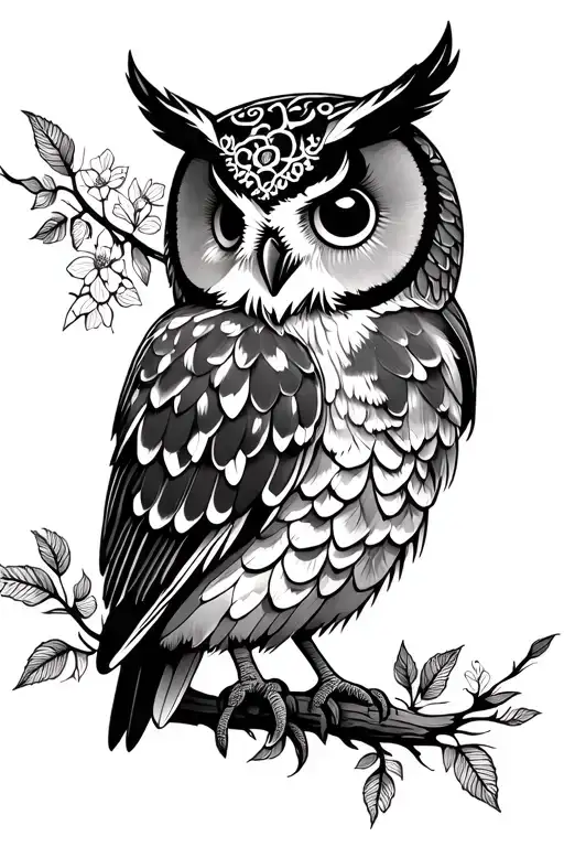 cute owl in forest scene with floral lace accents  tattoo design idea