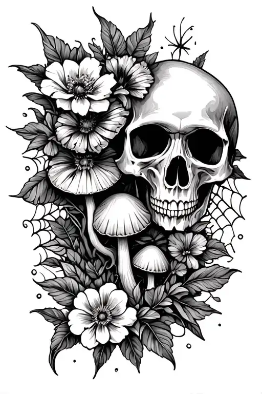 Flowers, Skulls, Mandala Along With Spider Webs, mushrooms, ornament tattoo design idea
