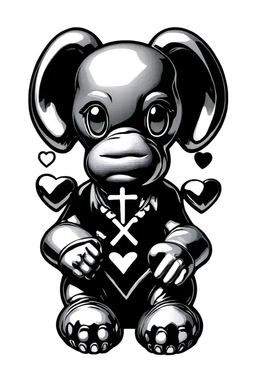 I want 3 chrome hearts crosses above a angle baby and a Kaws covering it’s face with both tattoo design idea