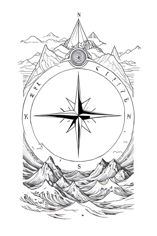 large compass surrounded by intricate geometric mountains and waves, black and white tattoo design idea