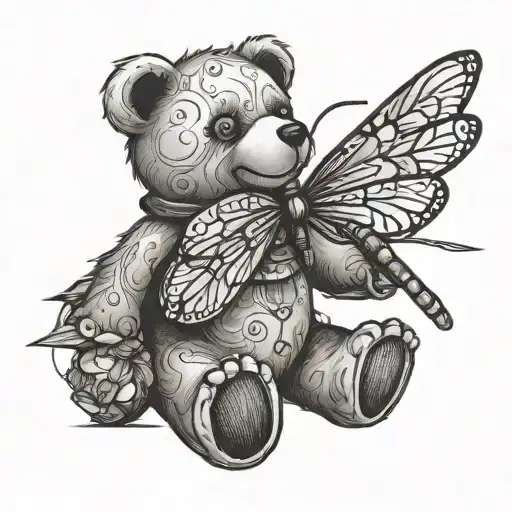teddy bear trying to catch dragonfly tattoo design idea