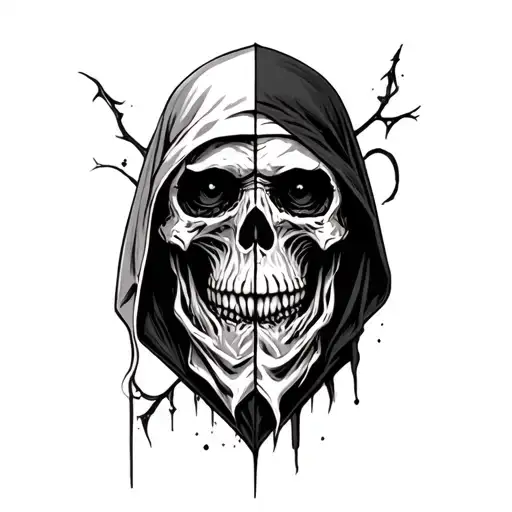 Father Time as grim reaper half man face half skull tattoo design idea