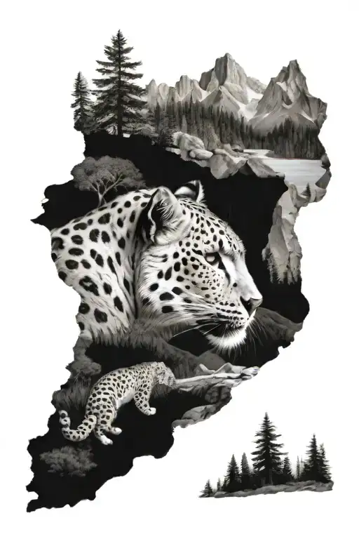 Collage of wildlife and nature scene, with a snow leopard, mountains, forest, ocean, and many canada/africa animals  tattoo design idea