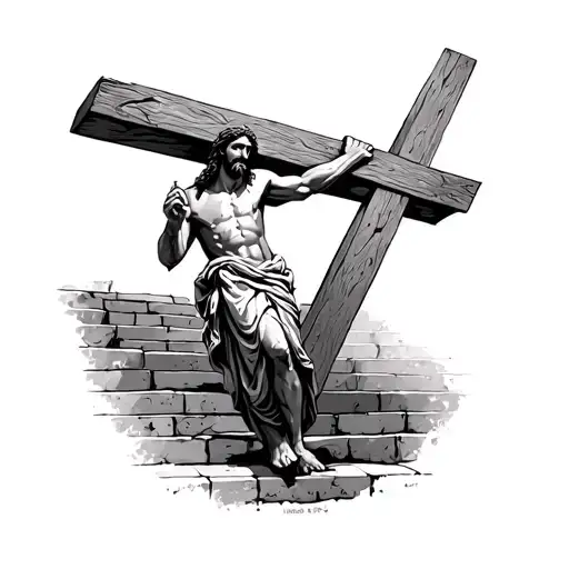 Jesus carrying a cross up stairs tattoo design idea