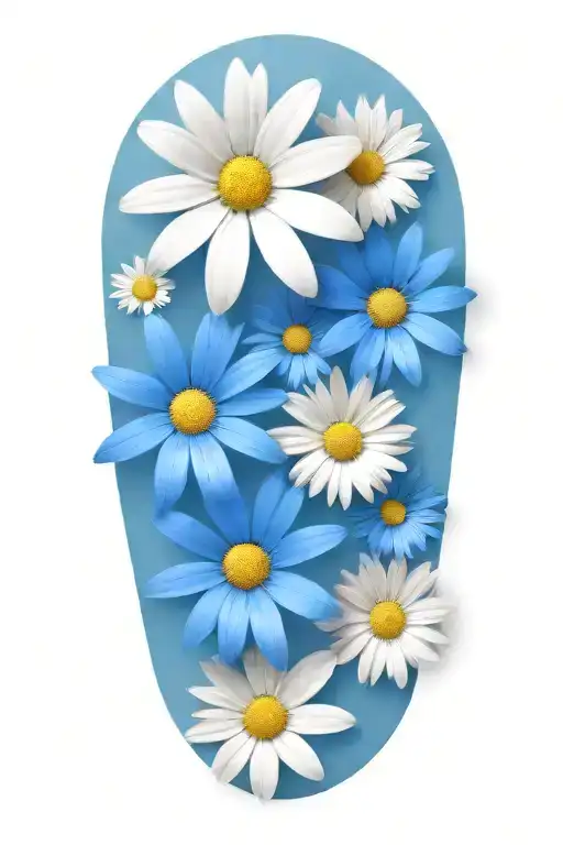boquet of white and blue daisy flowers and green leaves tattoo design idea