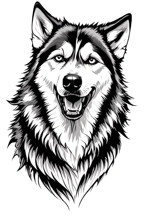 mix of a wolf and husky dog looking fierce tattoo design idea