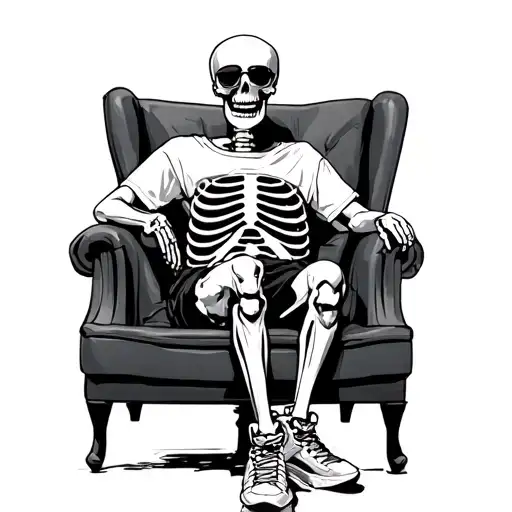 Make a sketch of a tattoo of a skeleton sitting in a chair wearing sunglasses, a T-shirt, shorts and Adidas sneakers, a  tattoo design idea
