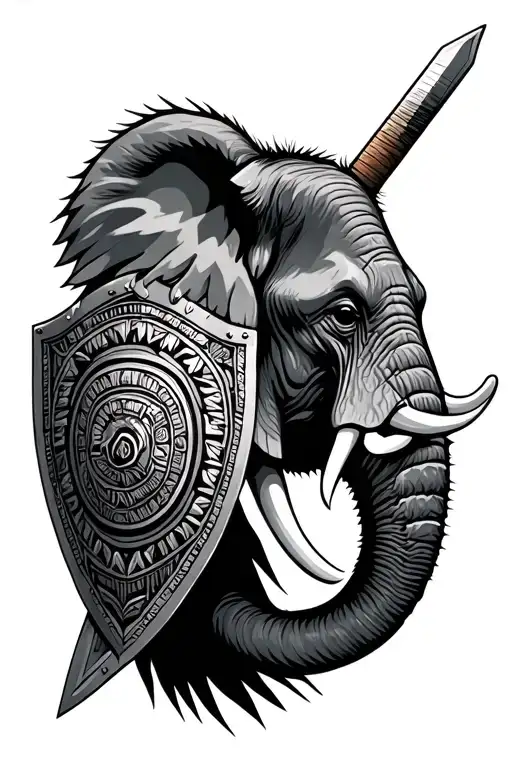 African elephant head profile wearing Aztec war sword shield tattoo design idea