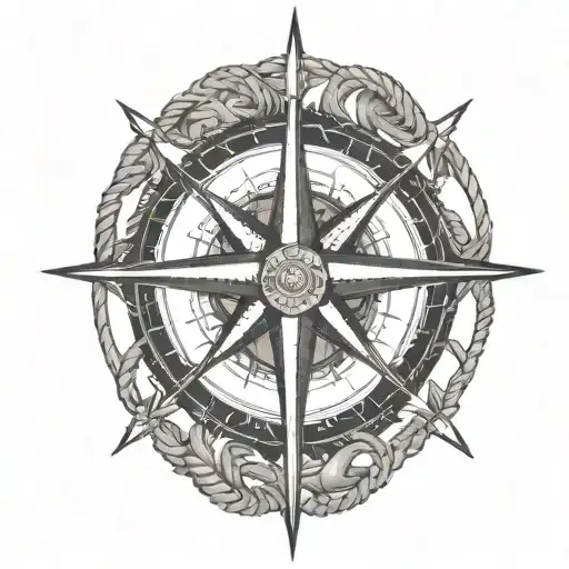 Create a dotwork tattoo of a compass rose intertwined with engine cables and ropes tattoo design idea