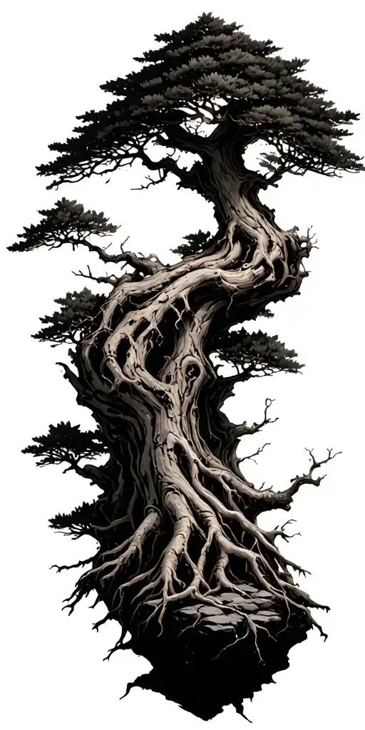 tall dead bonsai tree many branches and twigs rough bark roots gripping rocks tattoo design idea