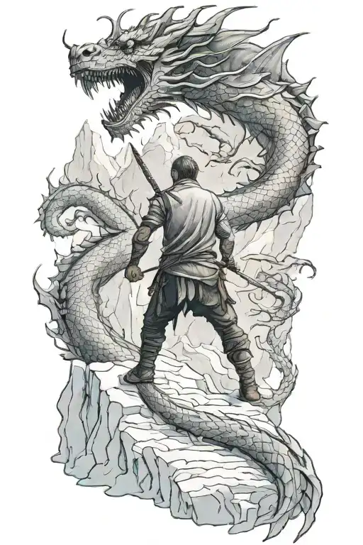 man with sword back turned standing in front of chinese dragon in a ice cave  tattoo design idea