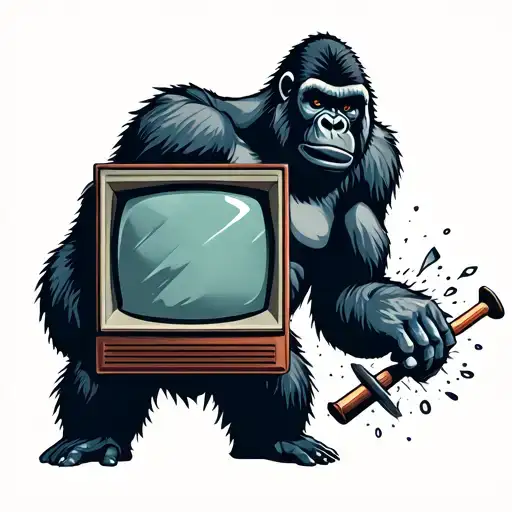 gorilla breaking a crt screen with a flail tattoo design idea