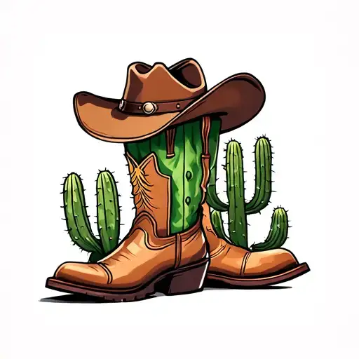 cactus with cowboy hat next to cowboy boots  tattoo design idea