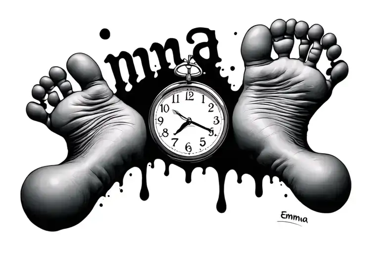baby foot print in clock melting away her name emma tattoo design idea